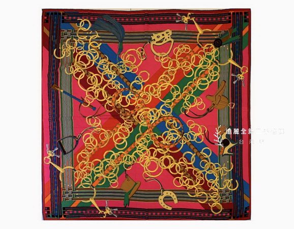 V0113 Hermes 桃紅藍紅綠底各種吊飾編織皮繩金圓環140*140喀什米爾絲質方巾 (台南店)
